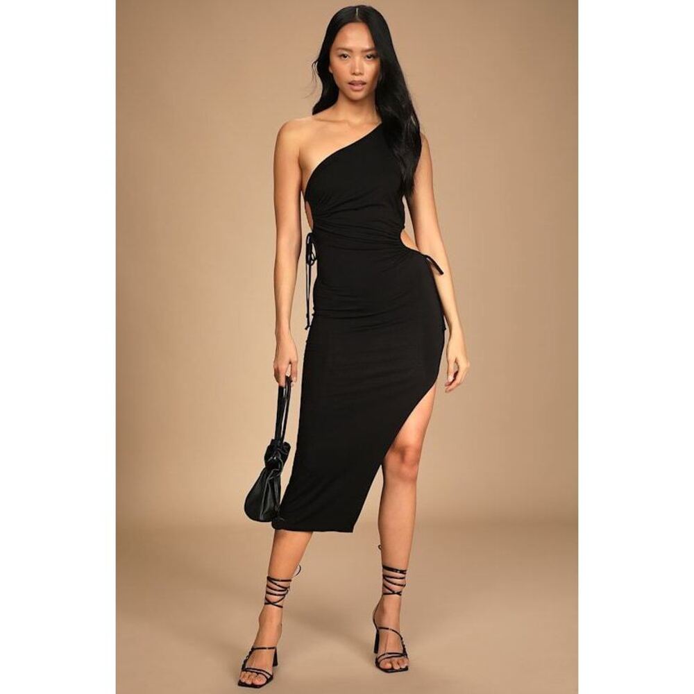 Lulus Heat Of The Moment Black Asymmetrical Cutout Bodycon Midi Dress - Size L
